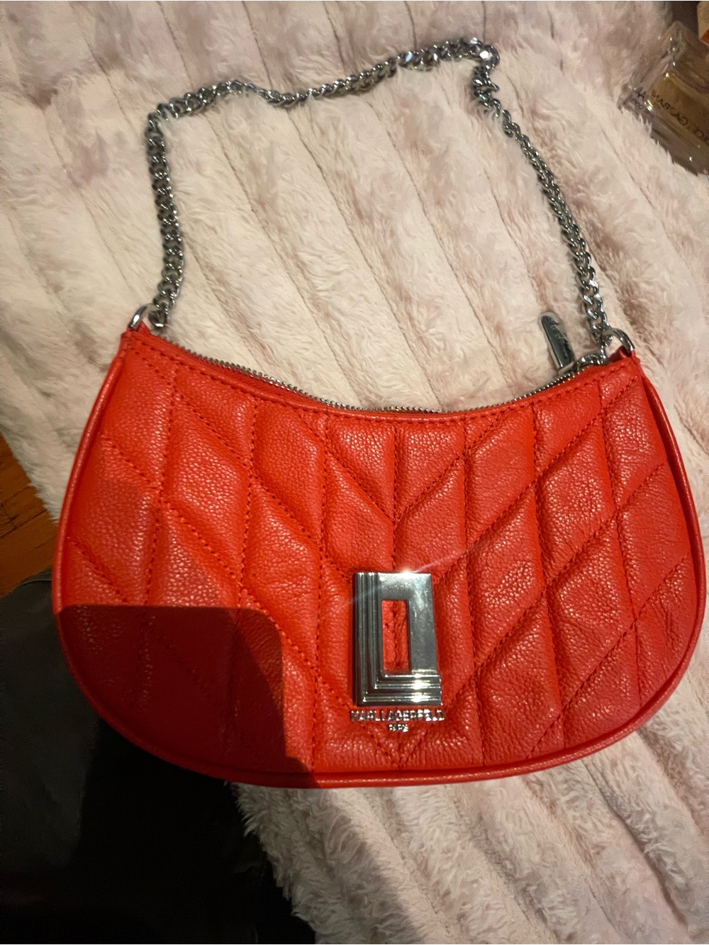Karl lagerfeld Red Quilted Leather Shoulder Bag with Chain Strap